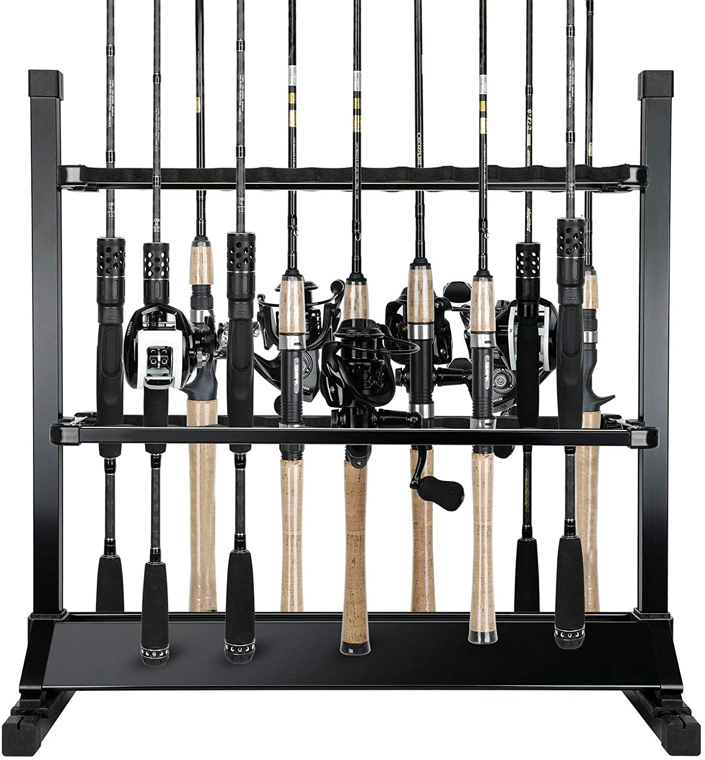 LUXHMOX Fishing-Holder Stand displaying 24 fishing rods organized neatly with reels attached, showcasing its sturdy and space-saving design.